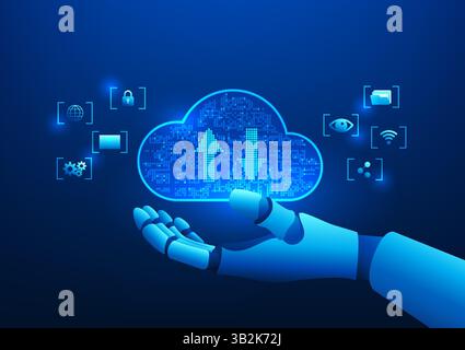 Robotic hand interacts with cloud computing, representing advanced data processing and business support, integrating artificial intelligence, data sto Stock Vector