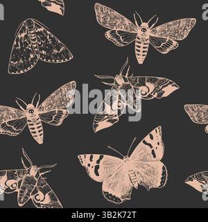 Seamless pattern with engraved moths and butterflies in realistic victorian style. Elegant monochrome print for design. Vector illustration. Stock Vector