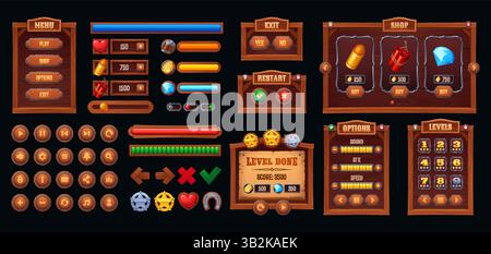Wild west interface of western game with wooden ui elements, menu buttons, sliders, progress bars, currency indicators and level selectors. Cartoon ve Stock Vector