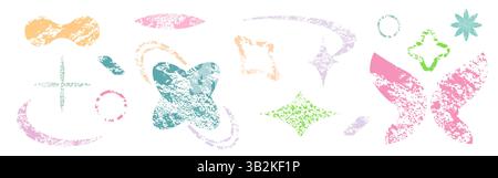 Colorful y2k style noise textures - abstract grunge shapes, distressed geometric elements in retro 90s colors, grainy graphic design stamps for vintage backgrounds. Pastel geometric figures. Stock Vector