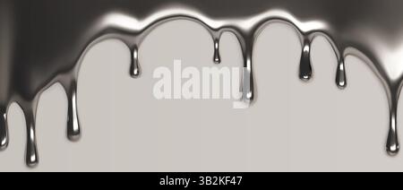 Metallic silver liquid drips border - shiny chrome fluid droplets flowing down. Glossy molten metal drops isolated on gray background. Realistic 3d mercury blobs, melted steel splash shapes. Stock Vector