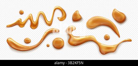 Caramel sauce syrup realistic splashes and drops set on transparent background. Flowing liquid toffee in various shapes, golden brown color sweet food topping decoration. Melted candy blobs and drips Stock Vector
