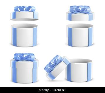 Round gift boxes wrapped with vibrant blue ribbon and bow for festive presentation. Closed and open special birthdays or Father day present containers. Elegant pastel color holiday celebration pack. Stock Vector