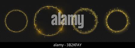 Golden halftone circles set - shiny dotted round frames, luxury golden sparkly graphic elements collection on black background. Glowing glitter border, premium decorative geometric design shapes. Stock Vector