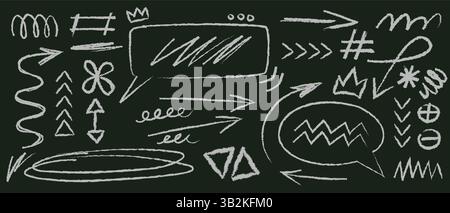 Hand drawn chalk doodle shapes set on blackboard - crowns and speech bubbles, arrows and decorative borders, swirls and symbols. Grunge scribble sketch white design elements, frames and pointers. Stock Vector