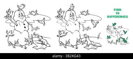 Spot differences in spring scene with melting snowman, primroses and birds flying and singing near him. Outline printable worksheet or coloring page Stock Vector