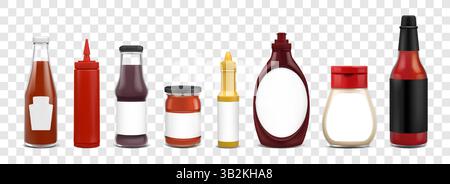 Sauce bottle. 3D product jar. Realistic BBQ ketchup. Food condiment taste. Chili or mustard dressing. Blank clear glass. Packaging mockups. Mayonnaise and hot salsa. Vector isolated containers set Stock Vector