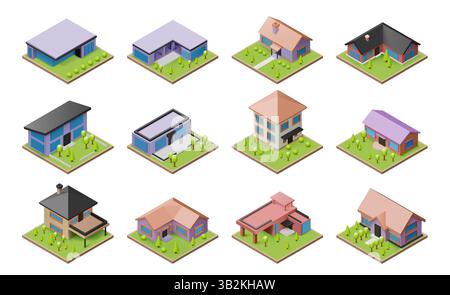 3D house. Buildings in town isometric view. Real estate. Home with roof chimney and terrace balcony. Resort cottage. Suburban villa design. Cartoon construction. Suburb architecture. Vector icons set Stock Vector