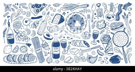 Italian food. Wine, cheese pizza in cook menu for mediterranean restaurant, drink and culinary ingredients. Pasta and wine. Line kitchen recipes. Menu icons. Vector sketch isolated illustration set Stock Vector