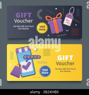 Gift voucher. 3D coupon design. Discount card with present box phone screen. Online mobile shopping. Sale certificate. Exclusive price offer. Promotion ticket layout with giftbox. Vector templates set Stock Vector