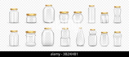 Glass jar. Empty transparent bottle different forms, food lid container or clear 3d jam package. Kitchen storage with metal cup, empty glassware collection. Vector mockup, realistic isolated elements Stock Vector