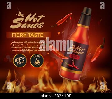 Hot sauce. Spicy chili bottle. Fire package. 3D spice flame ad. Kitchen flavor cook. Chef product. Pepper cone blaze. Ketchup glass container. Salsa dressing. Vector design advertising banner template Stock Vector