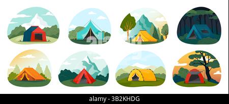 Camping set. Tent in forest and near lake. Outdoor weekend, expedition trip, campground with fire, tourist recreation and relaxation vector cartoon flat style isolated on white background illustration Stock Vector