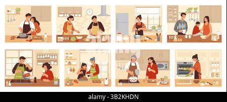 Family cooking. Home kitchen, people bake food on table. Woman, kid and friends prepare meal together. Grandmother with children, romantic couple, vector cartoon flat style isolated illustration set Stock Vector