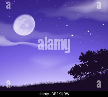 Night blue sky. Full moon. Stars and clouds. Black silhouette forest. Twilight sparks. Midnight starlit. Meadow grass. Wild nature. Moonlight glow. Nighttime scenery. Vector evening dusk landscape Stock Vector