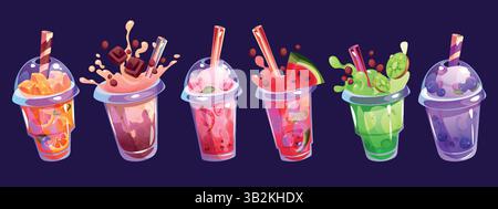 Summer drink. Fruit juice, cocktail for beverage menu. Ice glass lemonade, cold strawberry or sweet orange fresh. Watermelon, milk chocolate and kiwi. Isolated menu elements. Vector illustration set Stock Vector