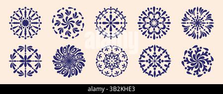 Mandala pattern. Simple India kaleidoscope. Circle Indian henna flowers or circular floral arabesque. Botanical motif. Round shapes. Abstract plant leaves and blossoms. Vector silhouette icons set Stock Vector