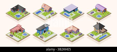 Isometric house. Country villa landscaping with pool and garden trees. 3D suburban building. Housing development. Real estate blocks perspective view. Suburb mansion roof and balcony. Vector icons set Stock Vector