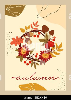 Autumn botanical frame. Season poster. Card design. Orange leaves and mushroom round frame. Maple tree foliage. Banner floral sale. Vector cartoon flat style isolated on white background illustration Stock Vector