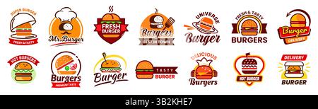 Burger logo. Hamburger logotype set. Fast food emblem. Cheeseburger label or sticker. Menu graphics design. Grilled meat icon. Vector cartoon flat style isolated on white background illustration set Stock Vector