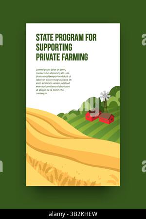 Agriculture farm. Wheat field. Private farming support program. Countryside agricultural landscape. Farmer house with barn and windmill. Farmland cereal harvest. Village scenery. Vector banner design Stock Vector