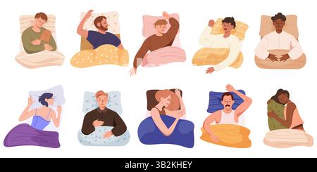 People in bed. Man and woman sleeping, person rest and recreation. Morning characters top view, healthy dream, tired human couple asleep on pillow. Vector cartoon flat style isolated illustration Stock Vector
