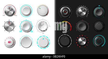 Volume dial. Knob button. Round radio switch regulator for music recorder. UI level turn controller. Metal radial sound scale. Audio interface panel tumbler. Console dashboard. Vector isolated set Stock Vector