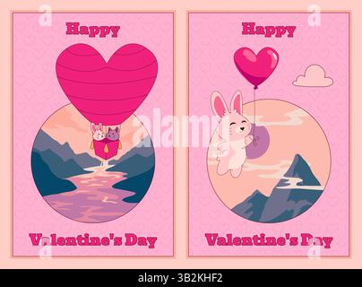 Animals with hearts. Valentines Day card. Funny kittens flying in hot air balloon. Romantic holiday. Kitty and bunny love. Happy cat and rabbit in sky clouds. Cute nature. Vector February banners set Stock Vector