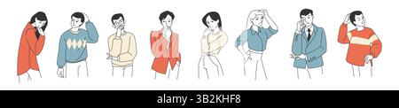 Person think. Woman, man character decision, girl in problem reflect or idea choice. Trouble ponder. Boy uncertainty and confusion, decision or answer finding. Vector cartoon flat style isolated set Stock Vector