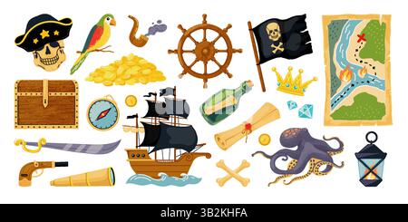 Treasure map. Pirate wooden chest. Ocean sailboat with crossbones flag. Octopus or parrot bird on hat. Sea island. Gold money coins. Corsair costume for adventure journey. Vector cartoon stickers set Stock Vector