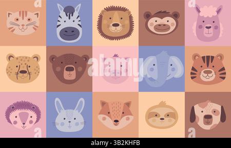 Cute animals. Bear and cat kid face, card with pig and dog characters, bunny and lion child in doodle jungle. Hand drawn elephant, fox and sloth. Childish posters. Vector cartoon square design set Stock Vector