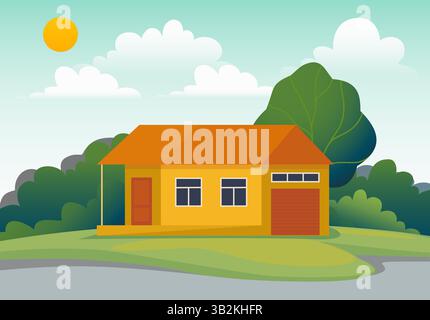 Home exterior. Real estate. Suburban house. Residential building. Suburban street. House facade with terrace and garage. Forest trees. Cottage in nature. Summer landscape. Vector neighborhood panorama Stock Vector