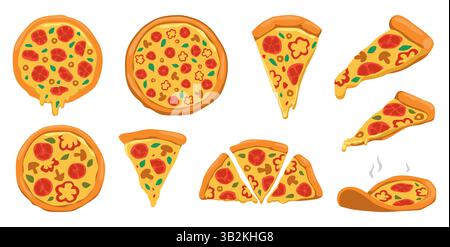 Pizza set. Italian traditional cuisine , whole and pieces food, cafe pizzeria menu. Tomato and mushroom, sausage and cheese. Top and side view vector cartoon flat style isolated pepperoni illustration Stock Vector
