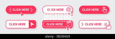 Click here button. Order now shop link. Mouse web for finger tap. Infographic cursor. Digital bar banner with arrow. Website subscribe. Online shopping. Computer interface. Vector internet icon set Stock Vector