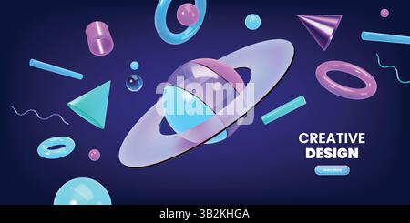 3D planet. Space tech shapes. Neon future universe with fun orbit sphere or glass star. Atom structure. World solar ball. Glossy figures. Gravity floating. Render orb with rings. Vector background Stock Vector