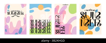Summer background. Party abstract poster. Modern doodle art shapes on liquid pink or green paper. Bright fashion sale. Calligraphy lettering. Minimal design travel card. Color sport. Vector layout set Stock Vector