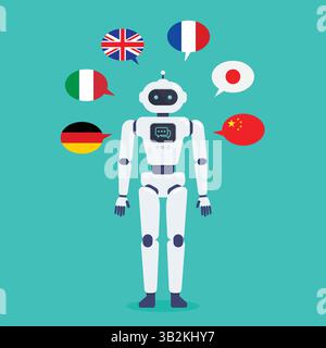 Artificial Intelligence robot translator. Artificial Intelligence chatbot translator. Vector illustration Stock Vector