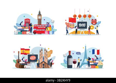 Set of people study studying foreign language. Various school language subjects. Education concept vector illustration. Stock Vector