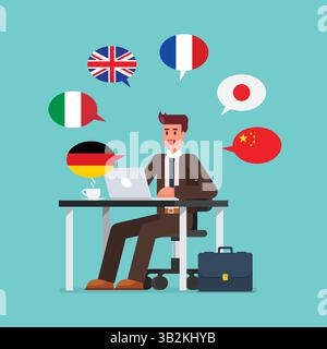Business man working on a laptop speaking many different languages. Multi language translator concept illustration. Vector illustration Stock Vector