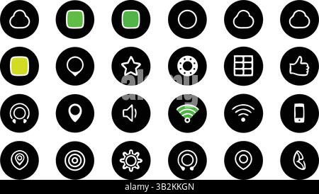 Modern Minimal Black Round UI Icons Set, Interface Elements Collection, Mobile App Design Symbols, Wireless, Cloud, Navigation, Settings Stock Vector
