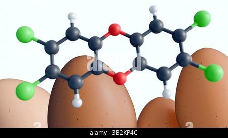 Dioxyan a 3D rendering of molecular model of dioxin and egg. The potential ...