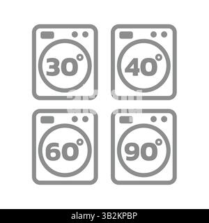 Laundry degree temperature for washing machine. Wash at 30, 40, 60 degrees, cold and warm water vector icons set. Stock Vector