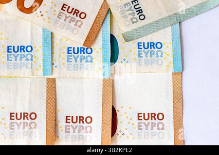 The word Euro in different European languages as printed on the Euro bank notes of the European Union. Stock Photo