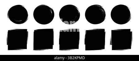 Black vector geometric shapes, rectangle, circle, square text boxes with rough jagged edges, doodle elements graphic design set, backgrounds, borders Stock Vector