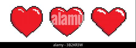 Red pixel hearts icon collection. Love symbol Stock Vector