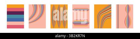 Retro 70s geometric cover set. Vintage rainbow color Stock Vector