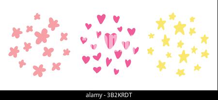 Simple hand drawn decoration set. Doodle flowers, stars and hearts Stock Vector