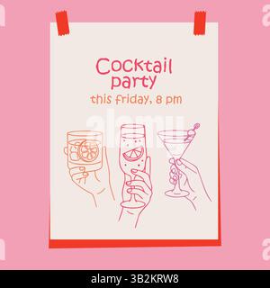 Cocktail party poster with a minimalist illustration of three hands holding different cocktail glasses on a pink background, Stock Vector
