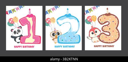 Happy birthday party clipart poster set design. Birthday greeting text with colorful numbers, age, animal character, pennants and balloons clip art Stock Vector