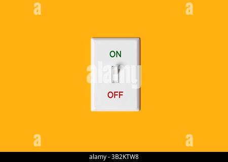 Light switch on yellow background showing on and off state, representing choice, decision, power, and control. 3D render. Stock Photo